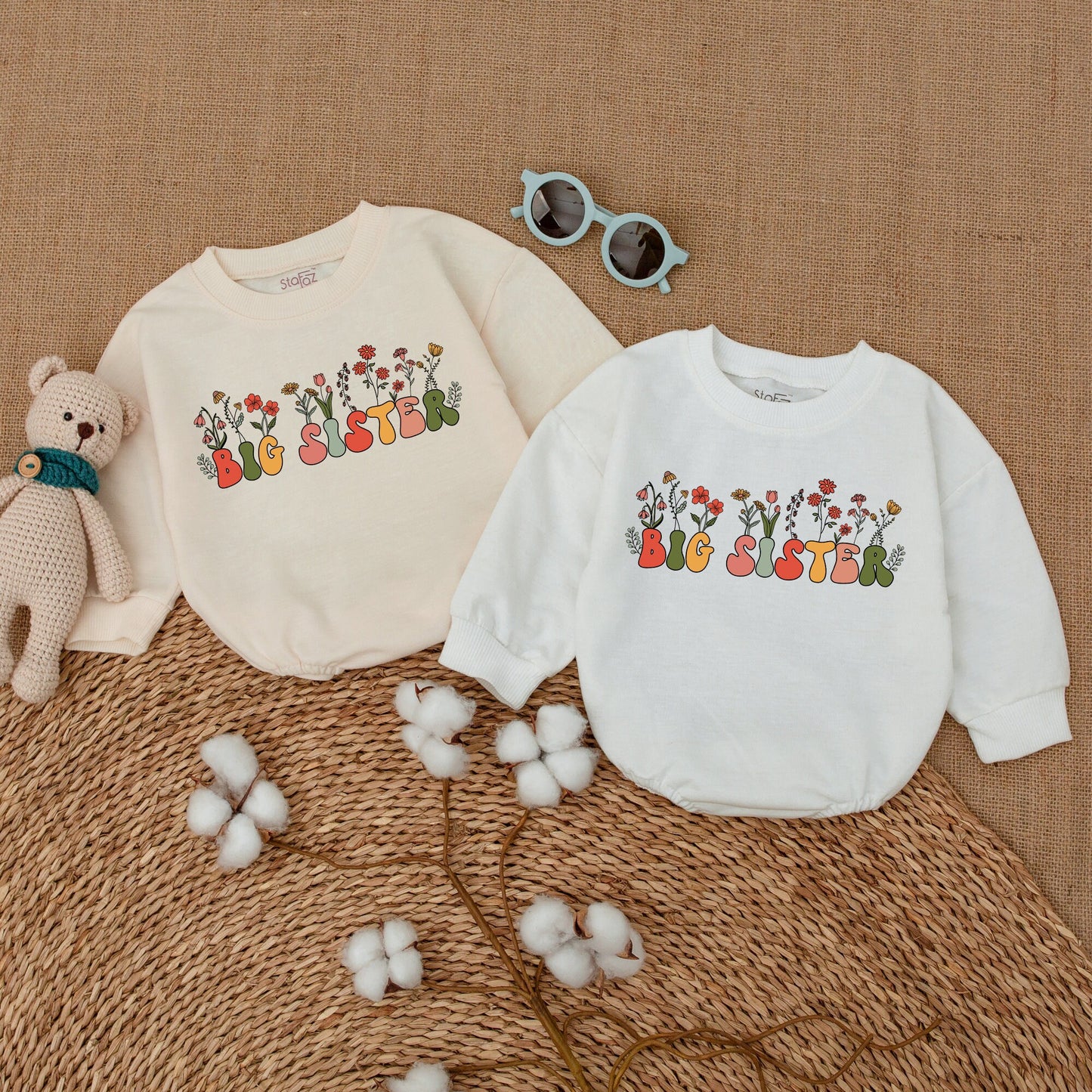 Big Sister Floral Romper Baby Girl Outfit Pregnancy Announcement Gift Big Sis Bubble Bodysuit Wildflower Baby Shower Present