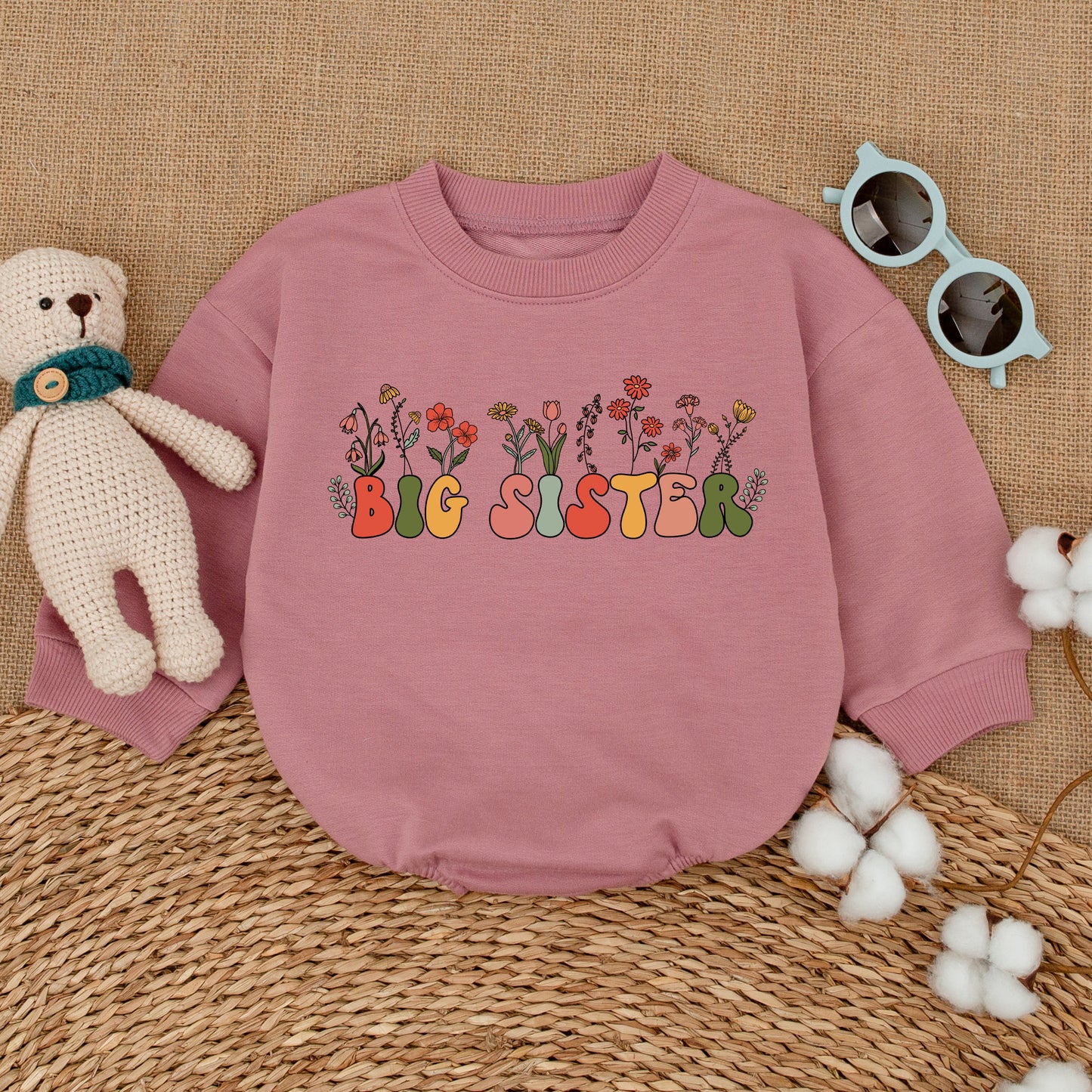 Big Sister Floral Romper Baby Girl Outfit Pregnancy Announcement Gift Big Sis Bubble Bodysuit Wildflower Baby Shower Present