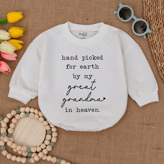 Hand Picked For Earth By Great Grandma In Heaven Romper Newborn Bodysuit Grandbaby Coming Home Outfit Sweet Black Text Baby Announcement Shower Gift