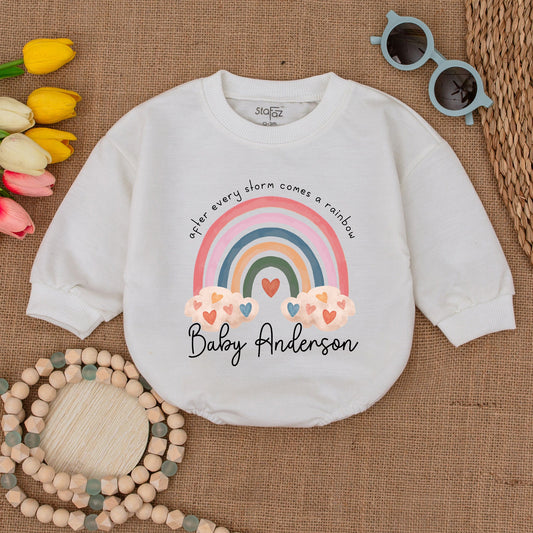 Custom Rainbow Baby Romper After Every Storm Comes a Rainbow Personalized IVF Miracle Baby Announcement Shower Gift