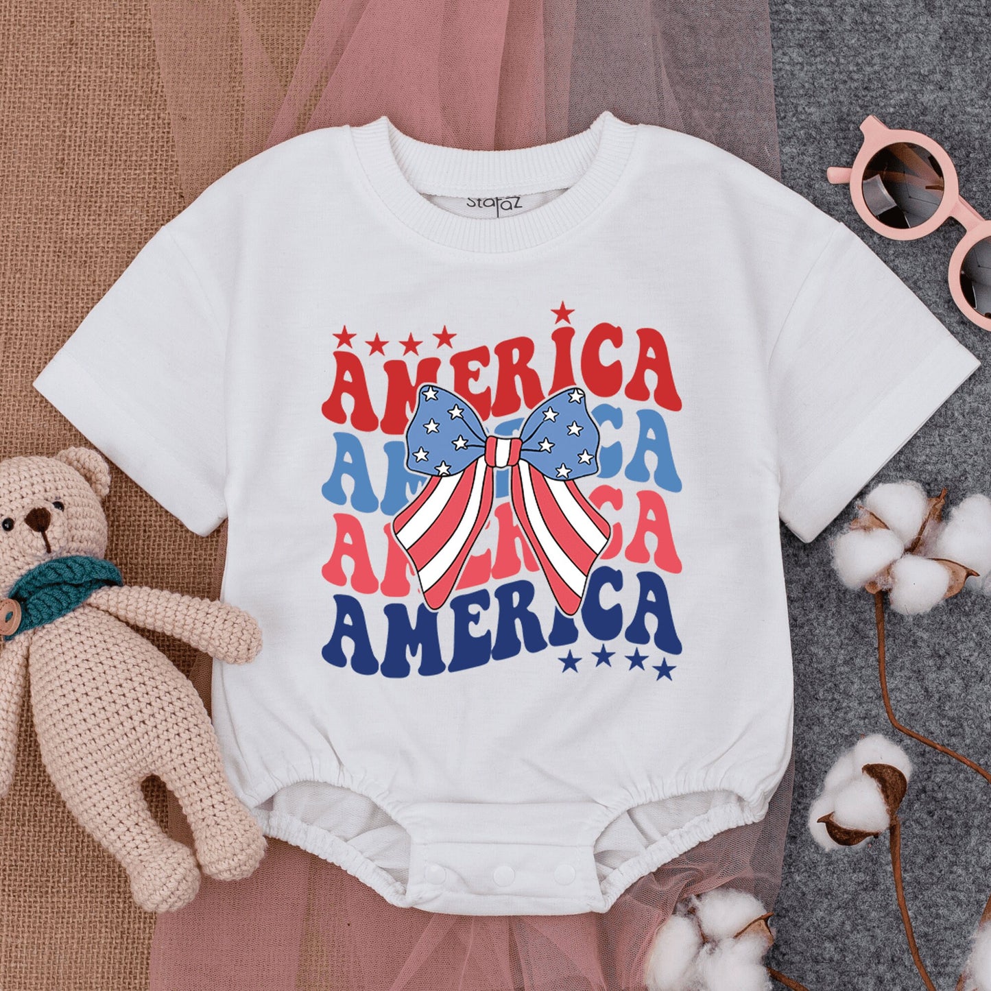 Cute Patriotic America Flag Bow Bubble Romper Short Sleeve Baby Outfit with Retro Design Vintage Stars Fourth of July American Baby Girl Clothes