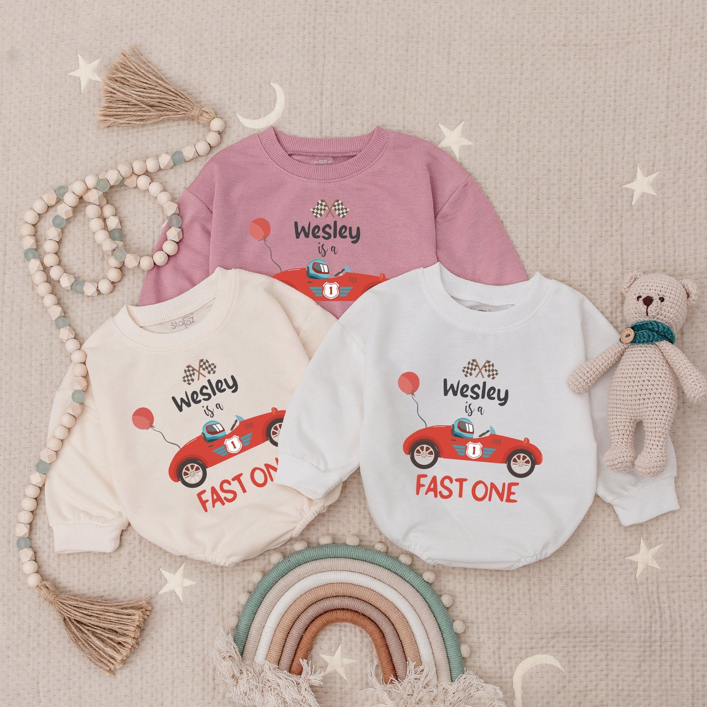 Personalized Fast One Race Car Bubble Romper, Wesley is a Fast One, 1st Birthday Outfit Baby Boy, Racing Birthday, Custom Name, Cheerful Celebration 139