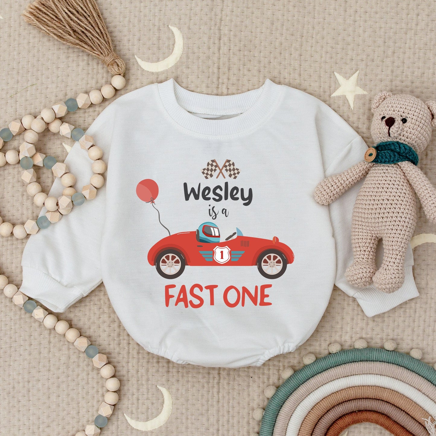 Personalized Fast One Race Car Bubble Romper, Wesley is a Fast One, 1st Birthday Outfit Baby Boy, Racing Birthday, Custom Name, Cheerful Celebration 139