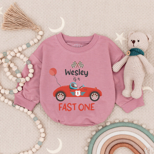 Personalized Fast One Race Car Bubble Romper, Wesley is a Fast One, 1st Birthday Outfit Baby Boy, Racing Birthday, Custom Name, Cheerful Celebration 139