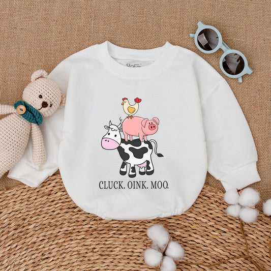 Cute Farm Animal Baby Romper | Cluck Oink Moo Barnyard Sounds Bubble Bodysuit | Western Baby Gift for Girl or Boy Announcement