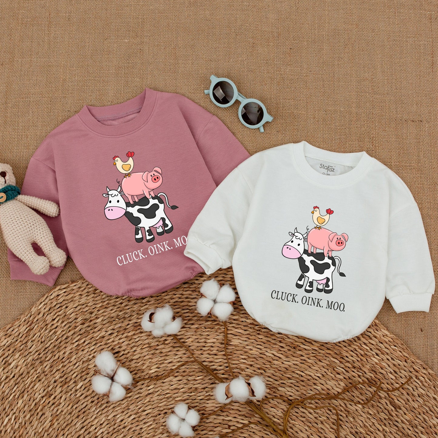Cute Farm Animal Baby Romper | Cluck Oink Moo Barnyard Sounds Bubble Bodysuit | Western Baby Gift for Girl or Boy Announcement