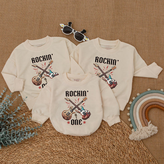 Rockin' One Birthday Romper Baby Boy Rock n Roll 1st Birthday Bodysuit Rock Star Outfit Matching Family Clothes