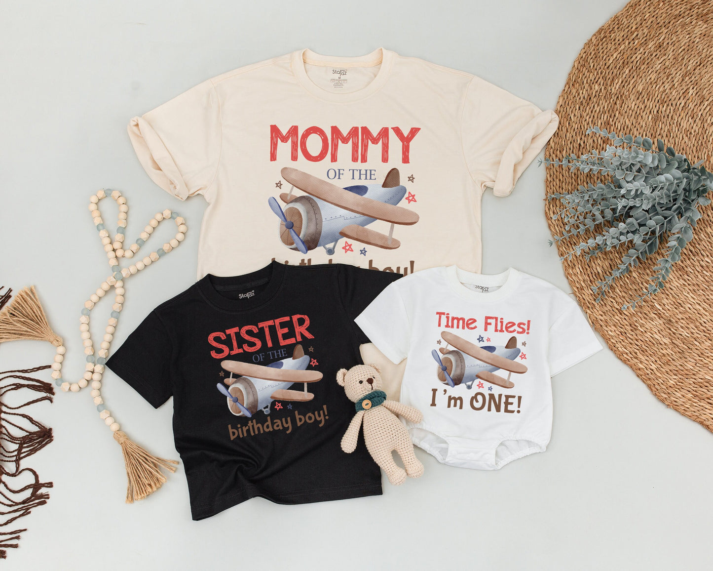 Vintage Airplane Birthday Shirt Flying Into One Flight Crew Matching Family Outfit Time Flies I'm One Mommy and Me