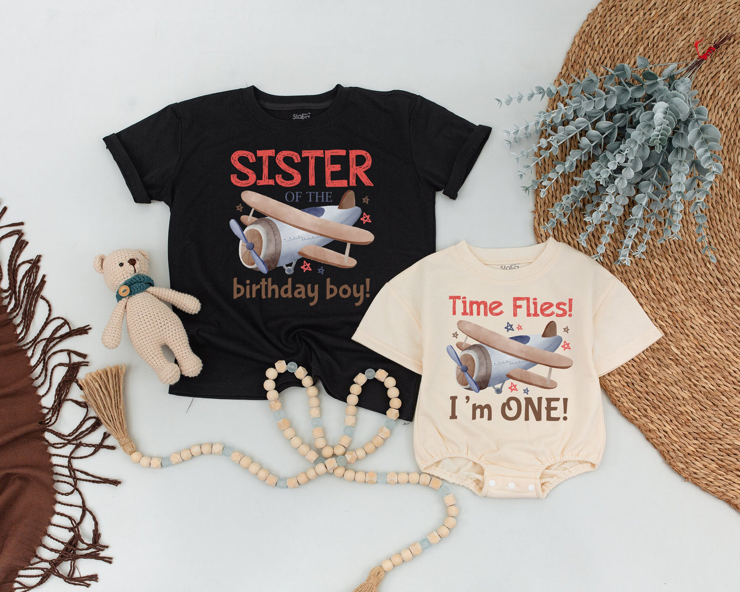Vintage Airplane Birthday Shirt Flying Into One Flight Crew Matching Family Outfit Time Flies I'm One Mommy and Me