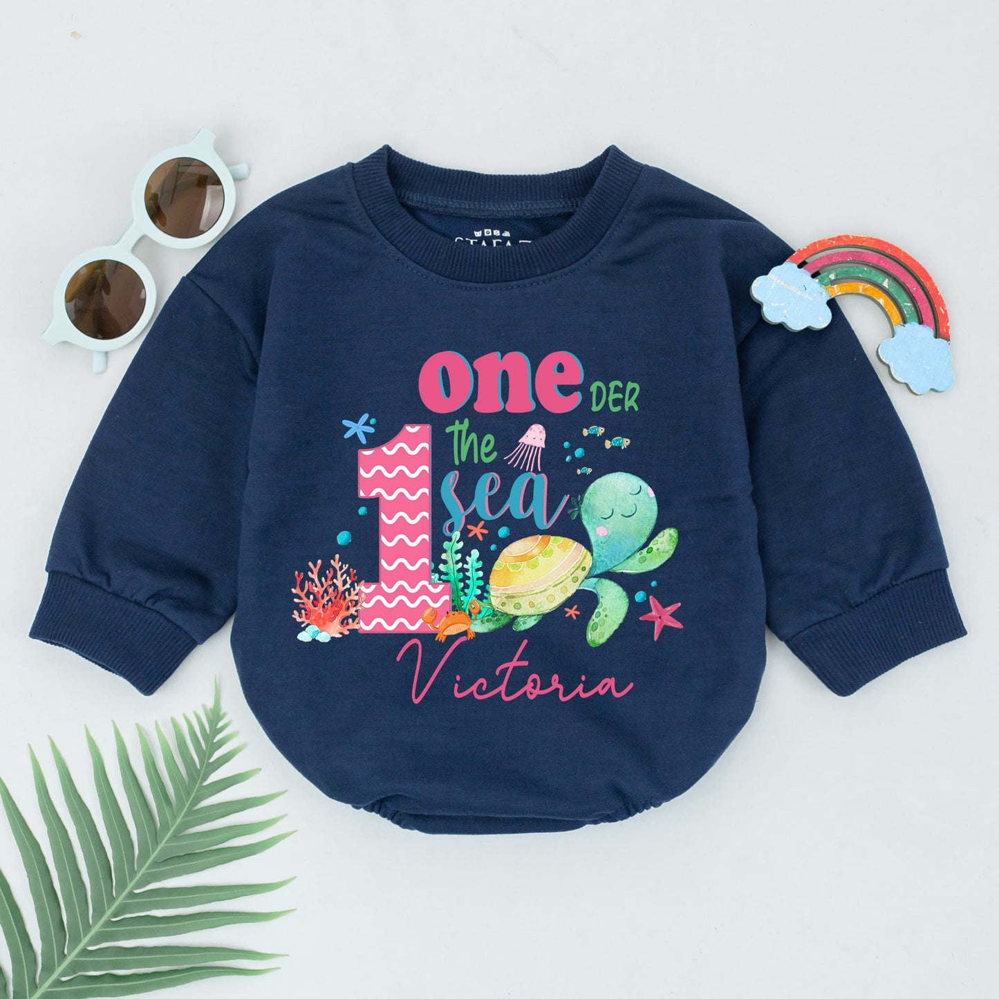 One-der the Sea Romper First Birthday Outfit Girl Under the Sea Theme Pink Teal Coral Jellyfish Turtle Starfish Toddler Gift