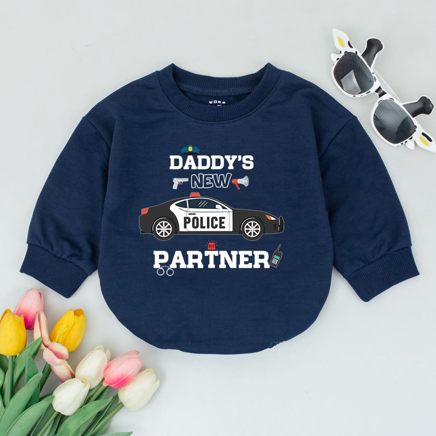 Daddy's New Partner Baby Romper: Future Policeman Outfit, Police Car Design, Father's Day Gift, Playful Cop Graphics, Cute & Comfy 100% Cotton, Black/Red/White