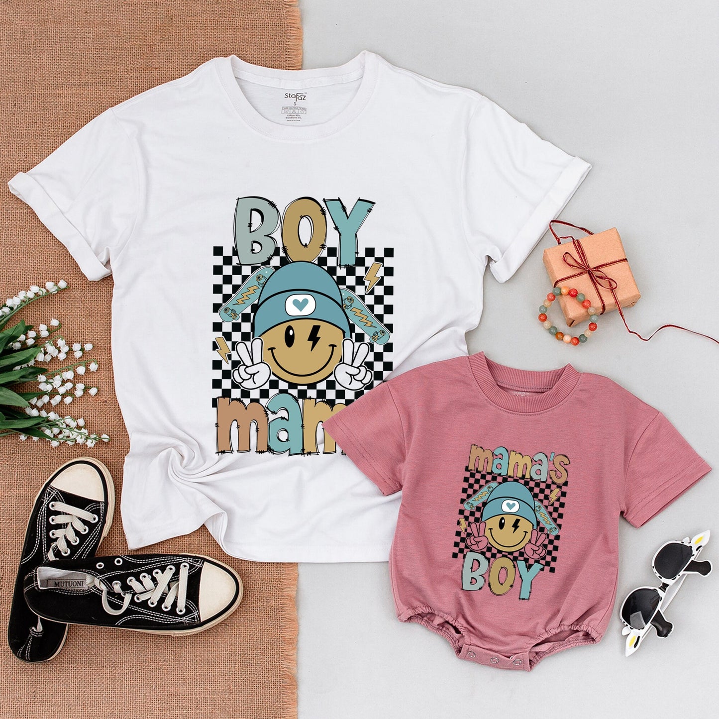 Boy Mama and Baby Boy Matching Outfits Mommy and Me Son Shirts Soft Cotton Comfortable New Mom Gift Smiley Mama Mini