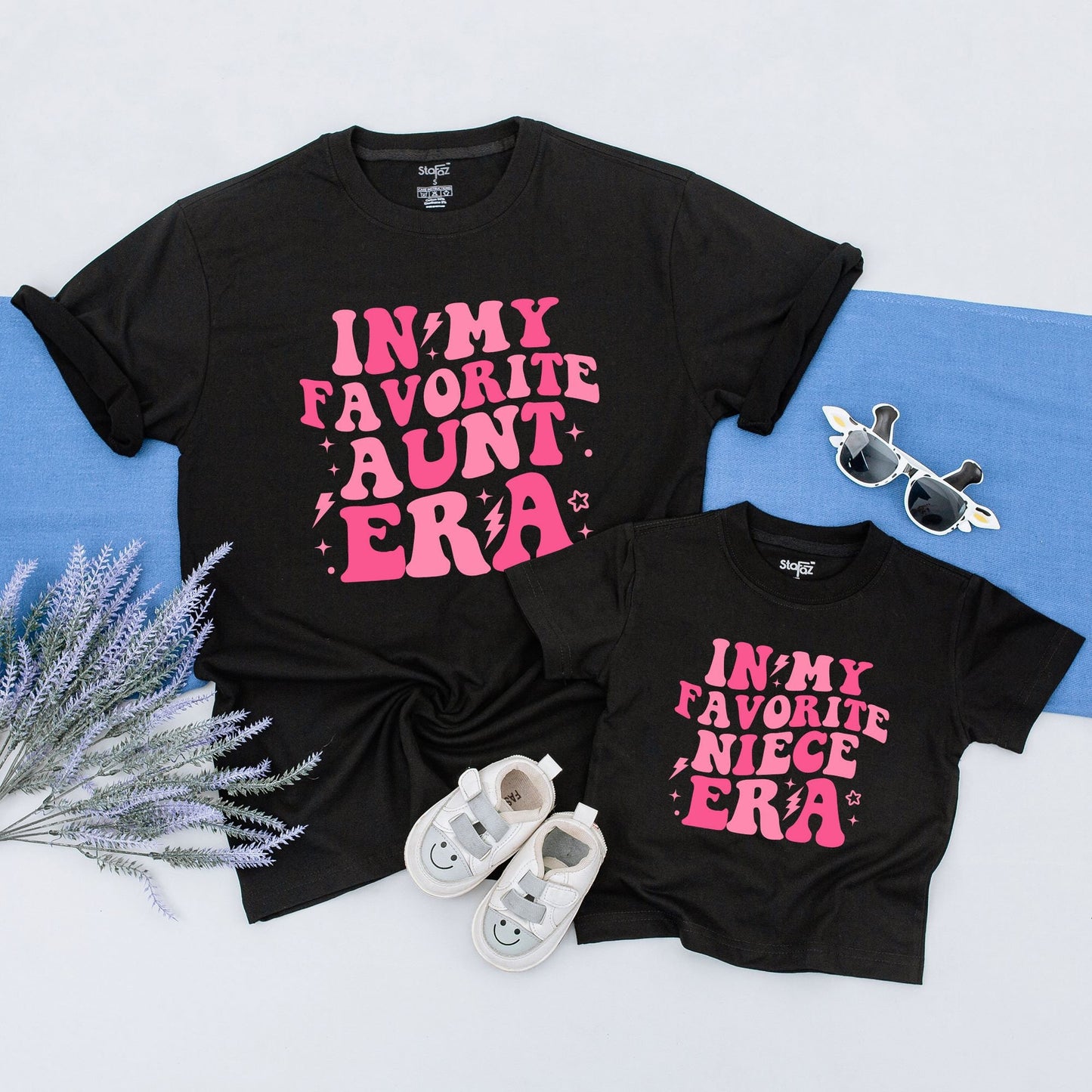 Personalized Matching Aunt Niece Shirts In My Favorite Era Retro Pink Bubble Lettering Whimsical Stars Lightning Bolt Design Bestie Gift for Aunt
