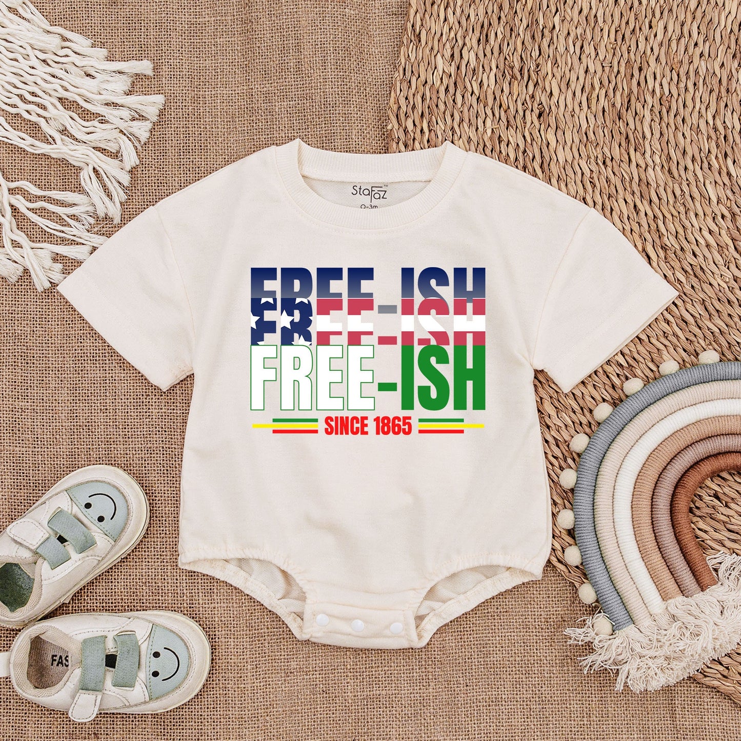 Free-ish Since 1865 Baby Romper - Juneteenth Freedom Day Bodysuit Patriotic Outfit, Stars & Stripes Baby Girl Gift, Black History Romper (139 chars)