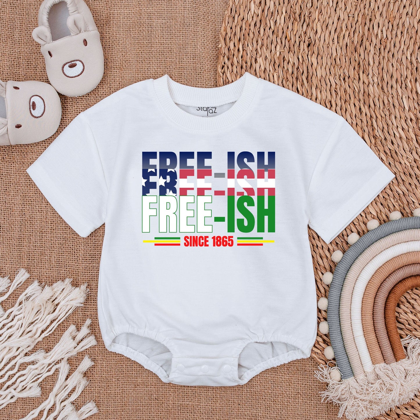 Free-ish Since 1865 Baby Romper - Juneteenth Freedom Day Bodysuit Patriotic Outfit, Stars & Stripes Baby Girl Gift, Black History Romper (139 chars)