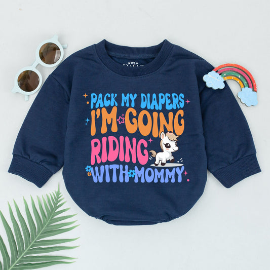 Pack My Diapers Riding With Mommy Baby Romper, Horseback Riding Outfit, Newborn Gift, Girl Equestrian Design, Pink, Blue, Orange, Flower Accents (139)