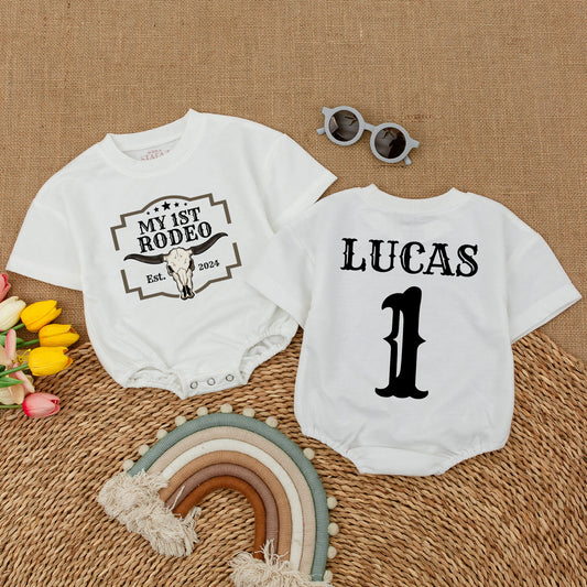 Custom My First Rodeo Western Birthday Romper Baby Boy 1st Celebration Outfit Vintage Skull Design Short Sleeve Bodysuit Soft Cotton