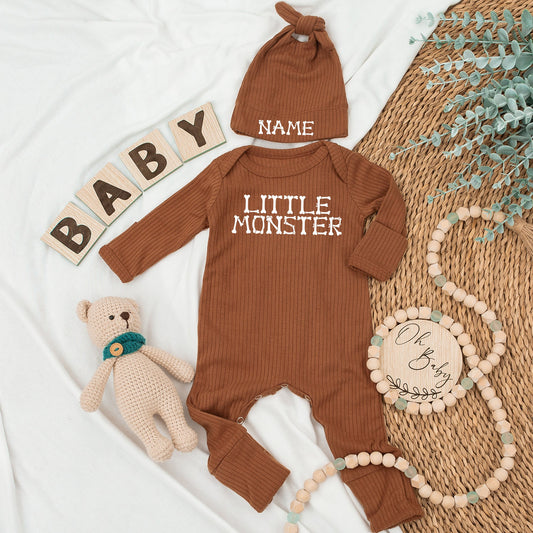 Little Monster Baby Bodysuit and Hat Set for Newborns Cute Halloween or Fall Baby Shower Gift Custom Name Outfit White Lettering