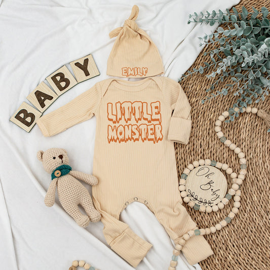 Little Monster Baby Bodysuit and Hat Set Newborn Coming Home Outfit Long Sleeve Cute Fall Baby Announcement Gift