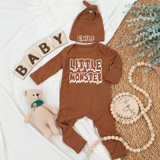 Little Monster Baby Bodysuit and Hat Set Newborn Coming Home Outfit Long Sleeve Cute Fall Baby Announcement Gift