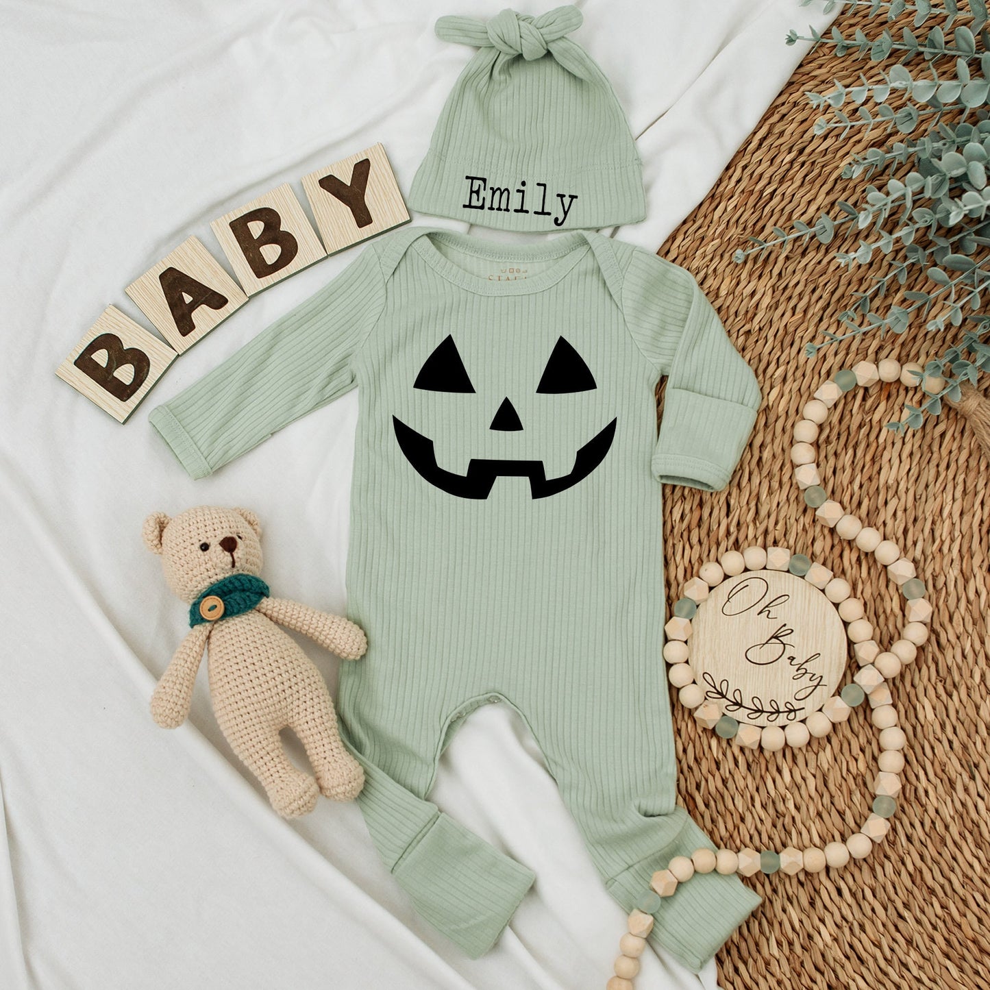 Baby's First Halloween Outfit: Smiling Jack-o'-Lantern Bodysuit, Black Geometric Design, Fun Pumpkin Season Baby Clothes