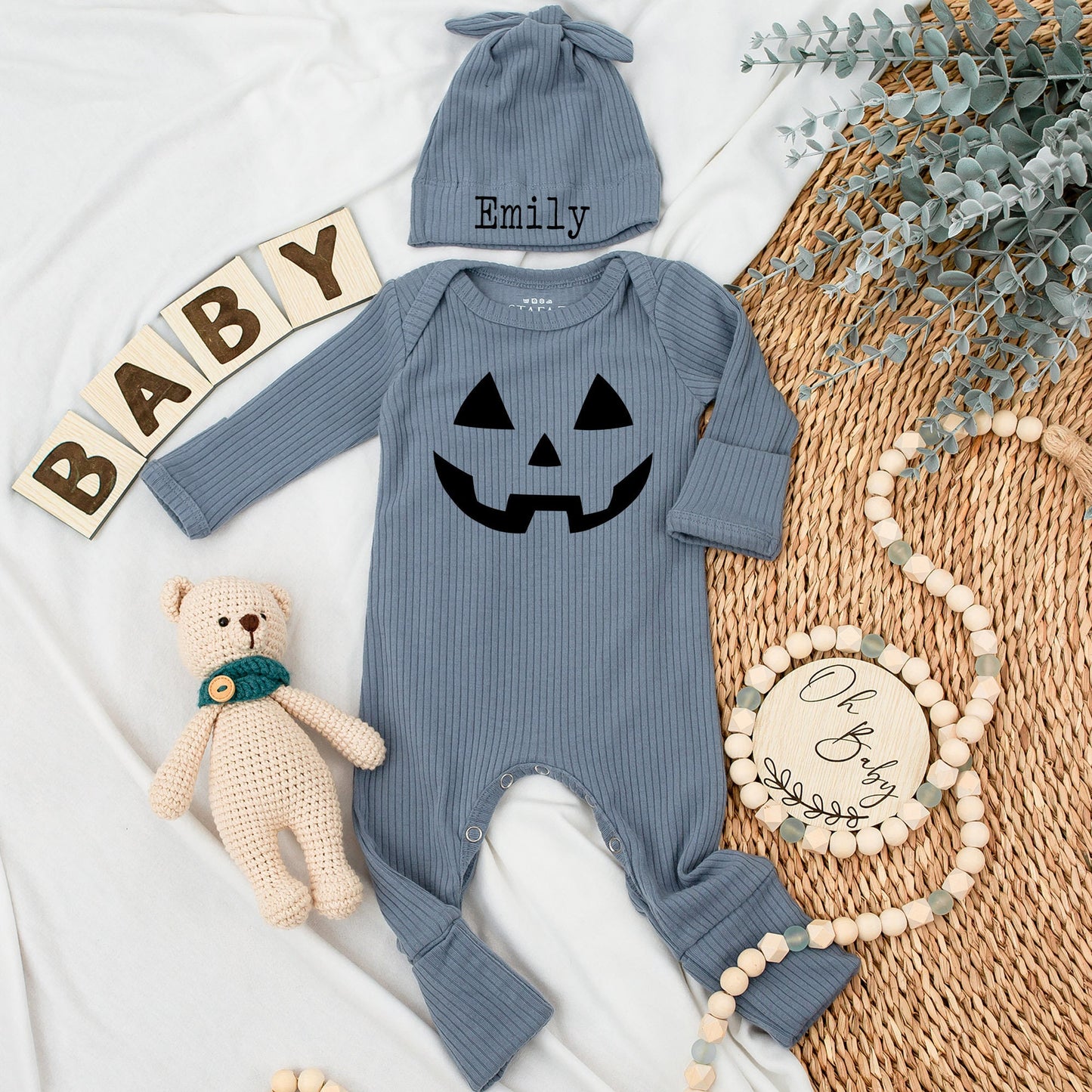 Baby's First Halloween Outfit: Smiling Jack-o'-Lantern Bodysuit, Black Geometric Design, Fun Pumpkin Season Baby Clothes