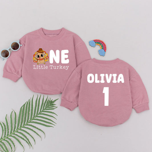 One Little Turkey Romper: Personalized First Birthday Thanksgiving Outfit, Adorable Turkey Day Baby Romper, Olivia 1, Soft Cotton, Fall Celebration (138 chars)