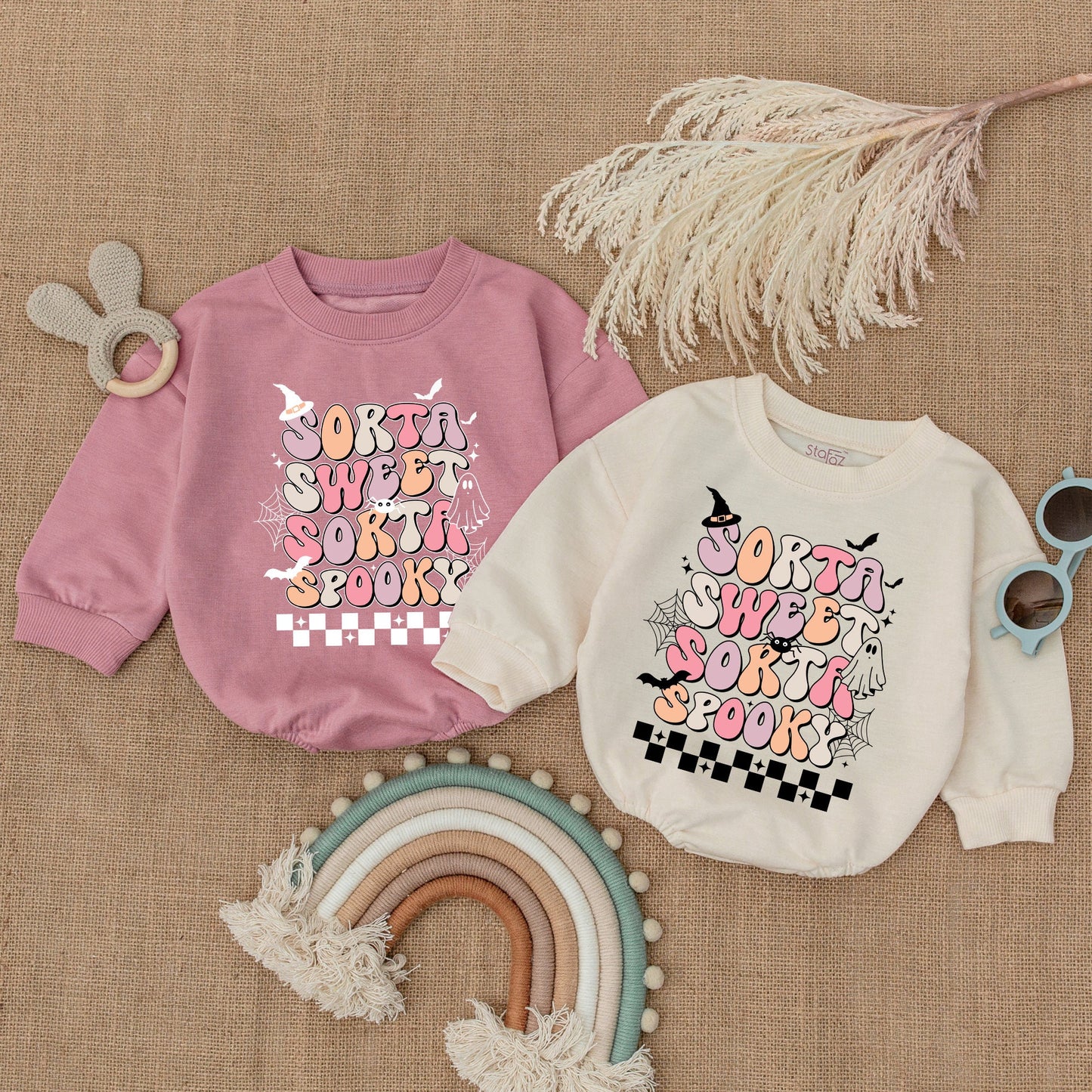 Sorta Sweet Sorta Spooky Halloween Bubble Romper Baby Bodysuit Pink Peach White Retro Vibe Ghost Bats Stars Checkered Pattern Toddler Clothes