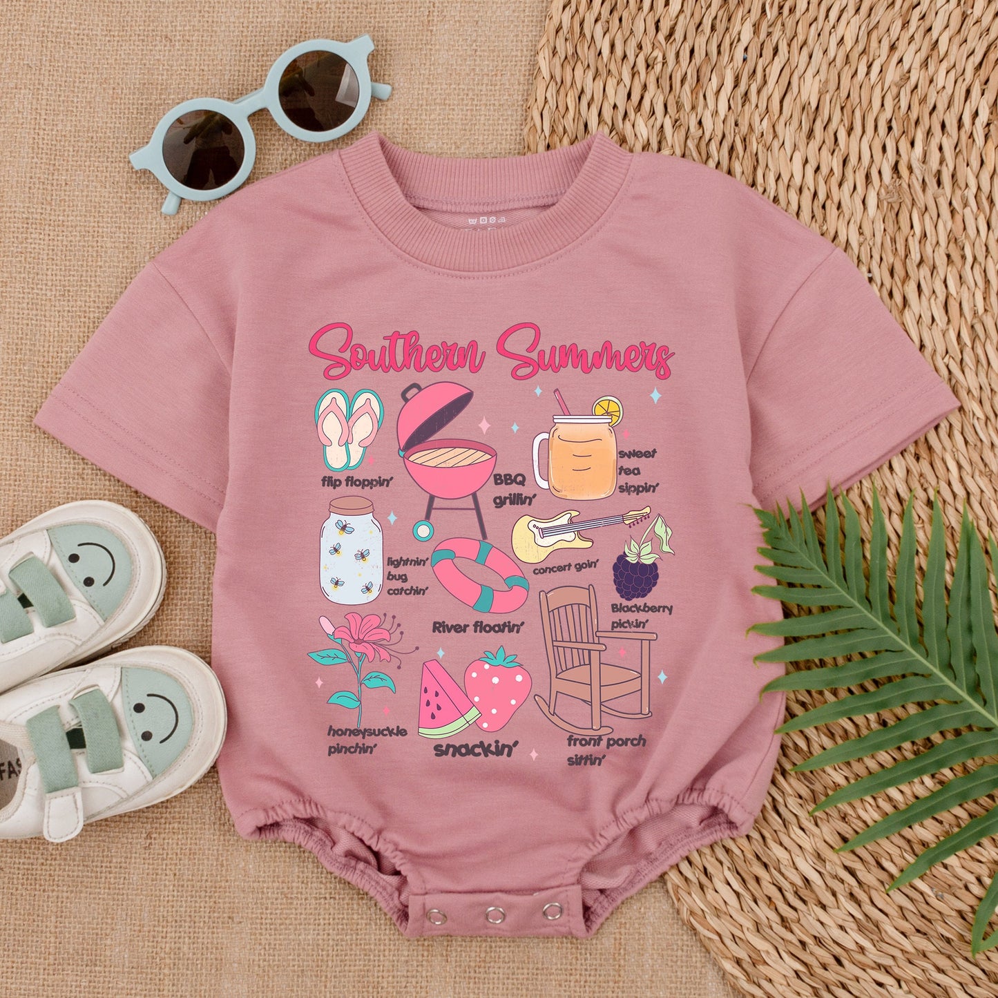 Southern Summers Baby Girl Bubble Romper Sweet Smiley Flowers Retro Summer Outfit Boho Chic Gift For New Baby Girl 138