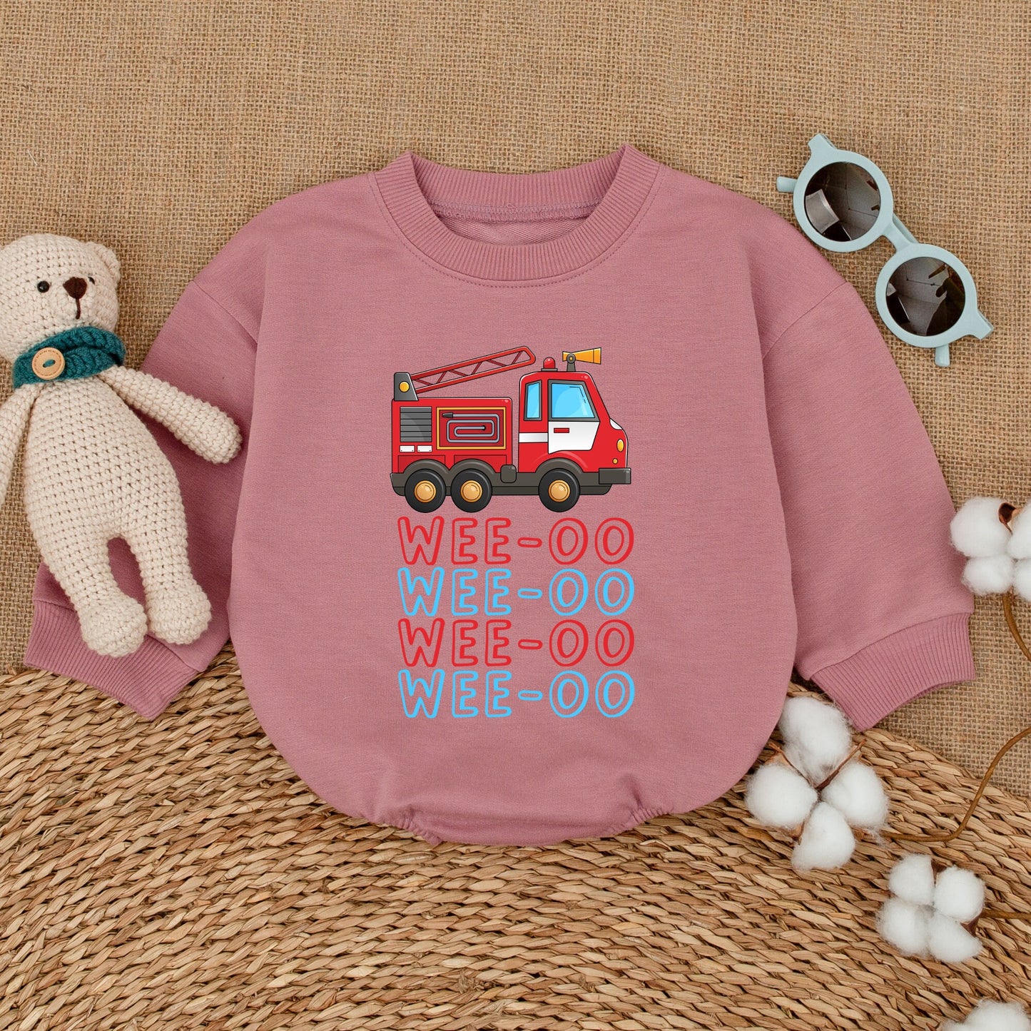 WEE-OO Firetruck Baby Romper Fun Cartoon Illustration Outfit for Boys and Girls Baby Shower Gift Comfortably Soft Cotton