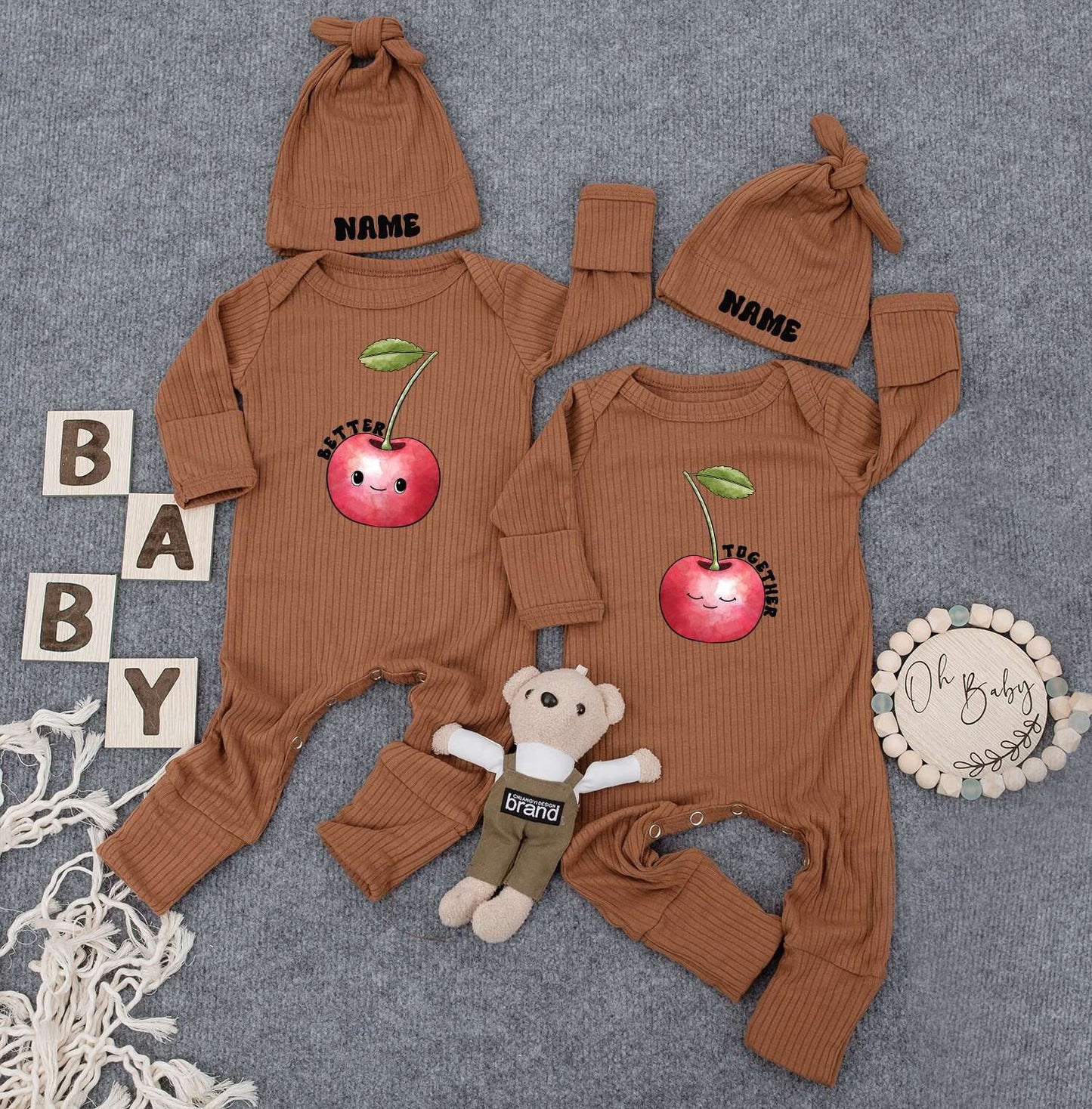 Burger & Fries Twin Bodysuits Set – Funny Work Load Outfit, Cute Newborn Baby Clothes with Hats, Gender Neutral Gift for Twins, Retro Natural Style 138