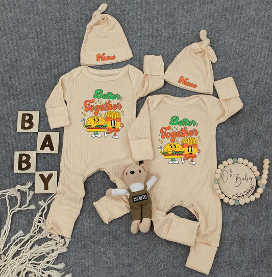 Better Together Twin Bodysuits & Hats, Funny Fries Burger Twin Outfit, Newborn Baby Gift, Set of 2, Cute Infant Clothes