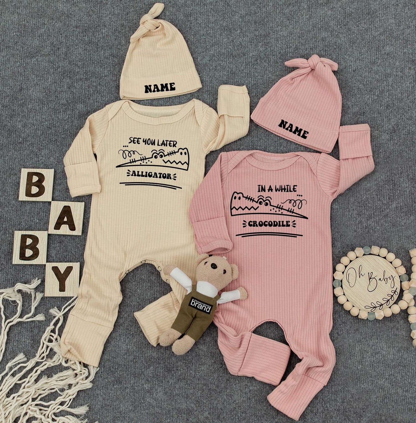 See You Later Alligator Crocodile Twin Bodysuit Set Cute Cartoon Baby Outfit Newborn Gift 2 Hats