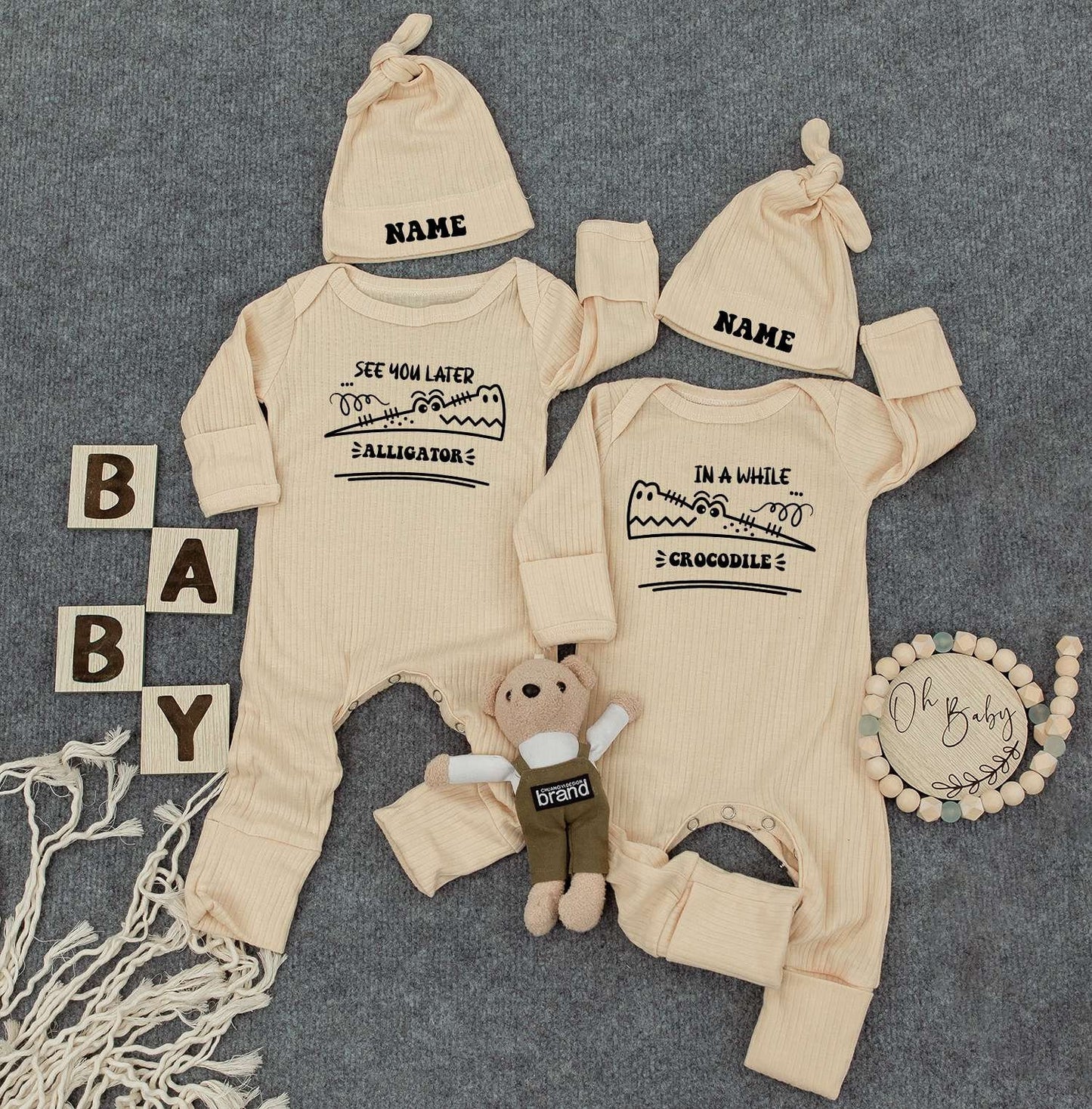 See You Later Alligator Crocodile Twin Bodysuit Set Cute Cartoon Baby Outfit Newborn Gift 2 Hats