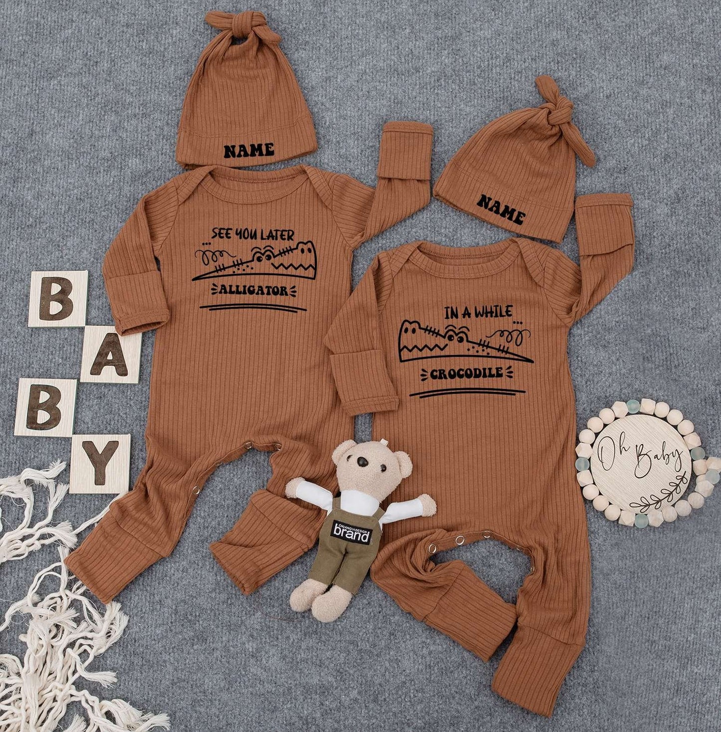 See You Later Alligator Crocodile Twin Bodysuit Set Cute Cartoon Baby Outfit Newborn Gift 2 Hats