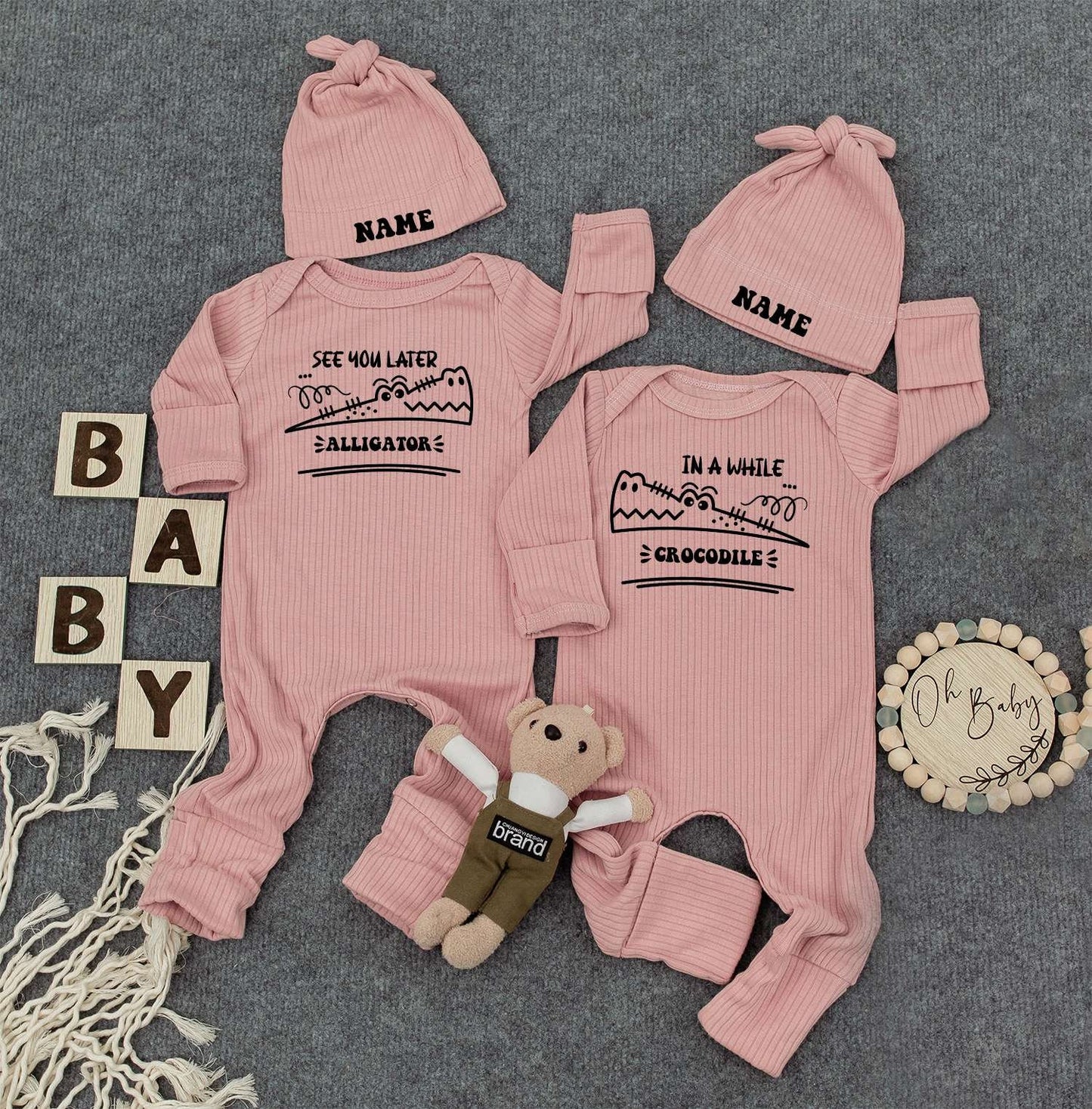 See You Later Alligator Crocodile Twin Bodysuit Set Cute Cartoon Baby Outfit Newborn Gift 2 Hats