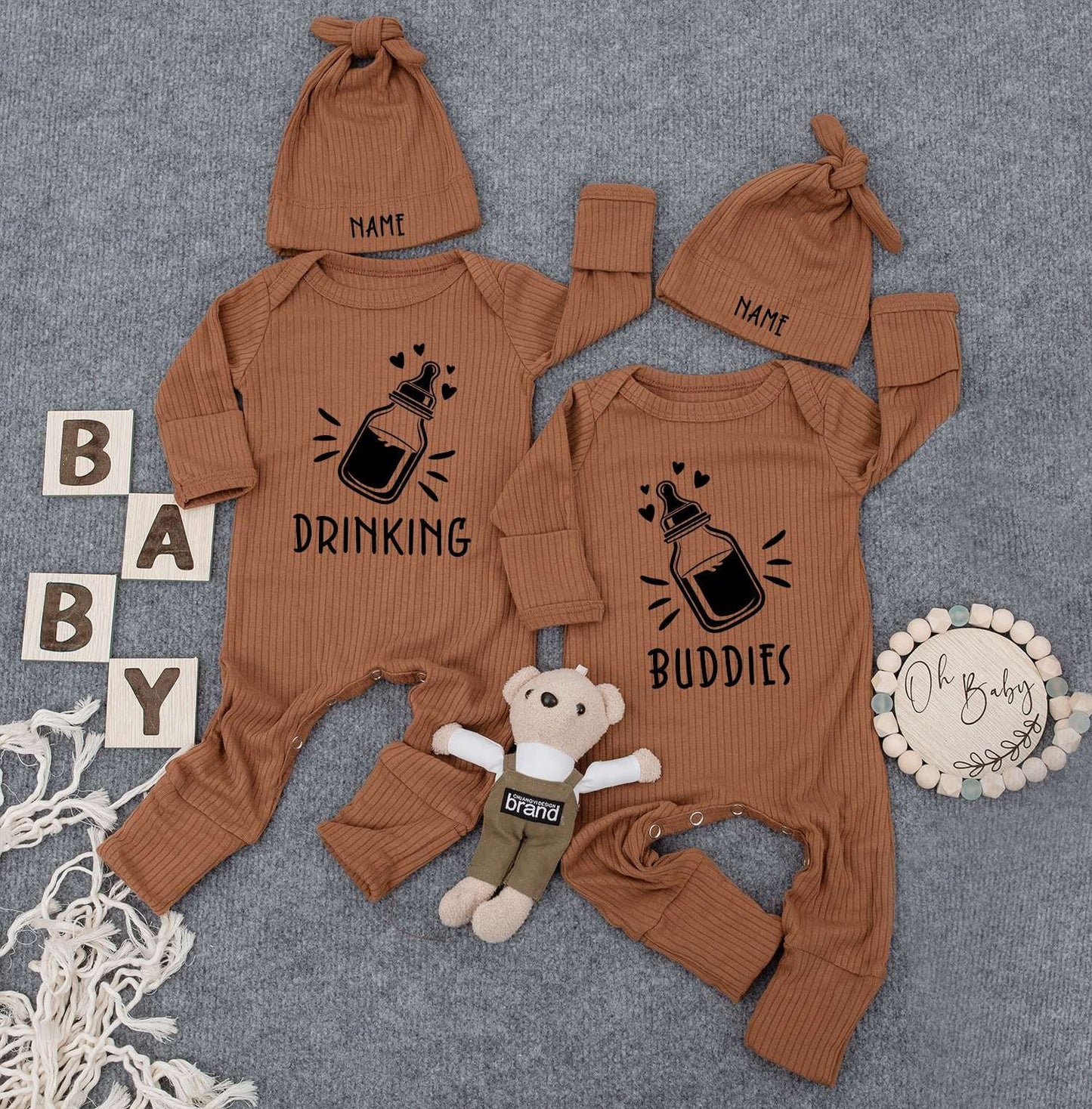 Drinking Buddies Twin Bodysuits & Hats - Funny Womb Mates Outfit for Newborn Twins, Cute Baby Gift Set