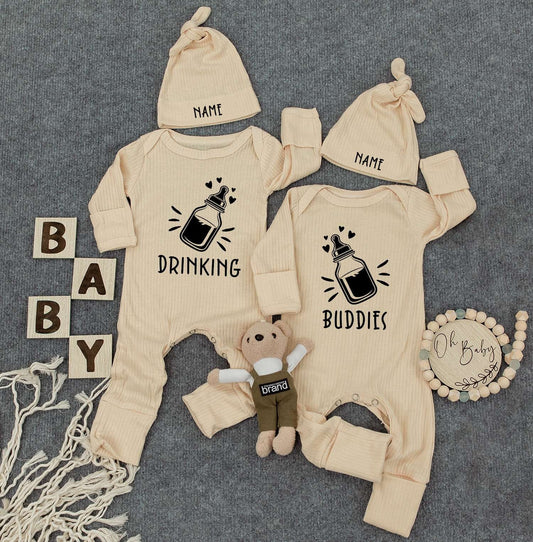 Drinking Buddies Twin Bodysuits & Hats - Funny Womb Mates Outfit for Newborn Twins, Cute Baby Gift Set