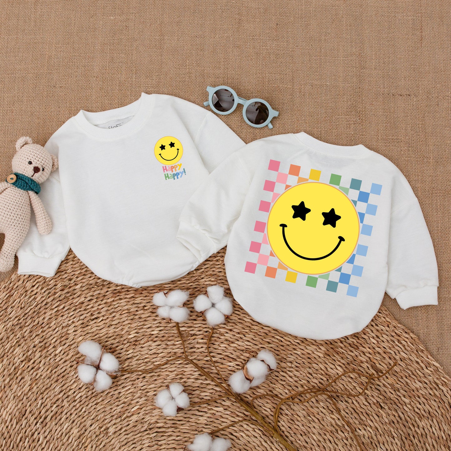 Smiley Face Baby Bodysuit Rainbow Happy Face Romper Minimalist Checkered Outfit Baby Shower Newborn Gift