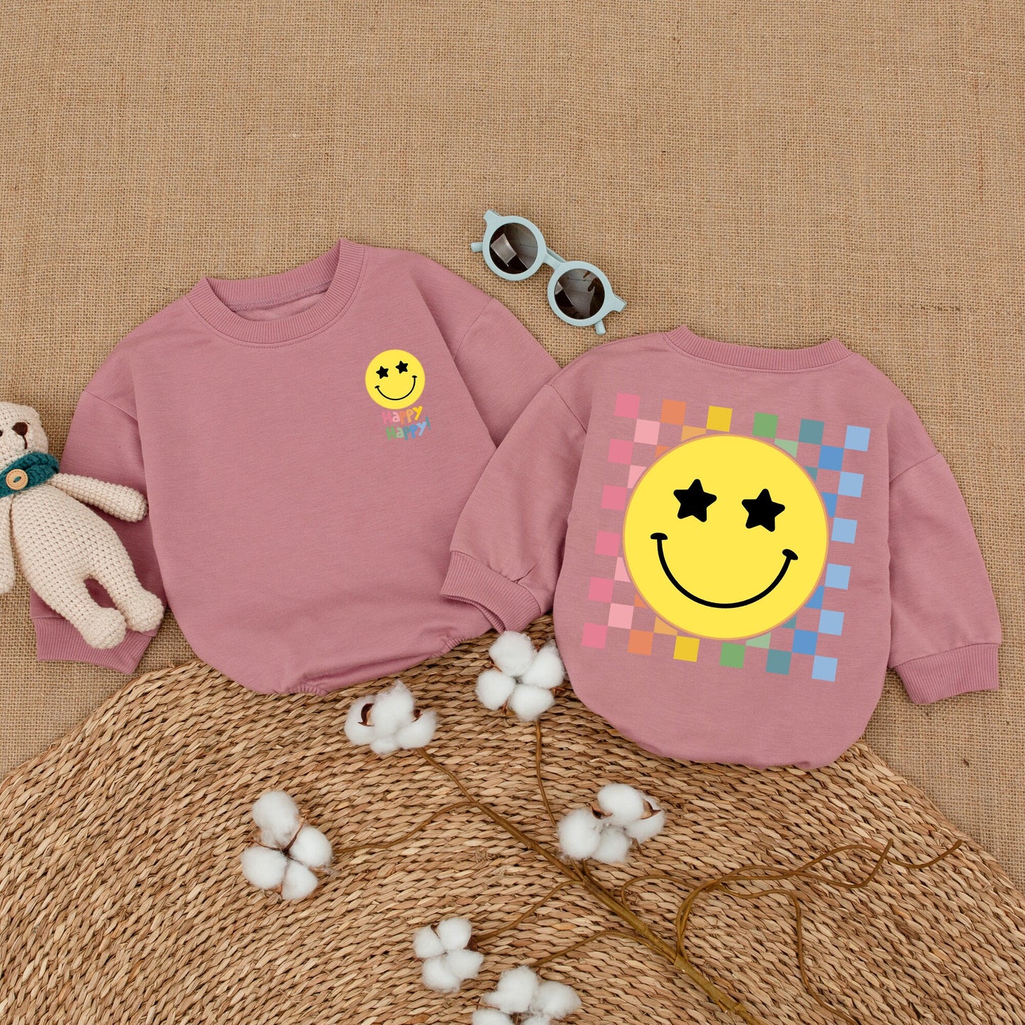 Smiley Face Baby Bodysuit Rainbow Happy Face Romper Minimalist Checkered Outfit Baby Shower Newborn Gift