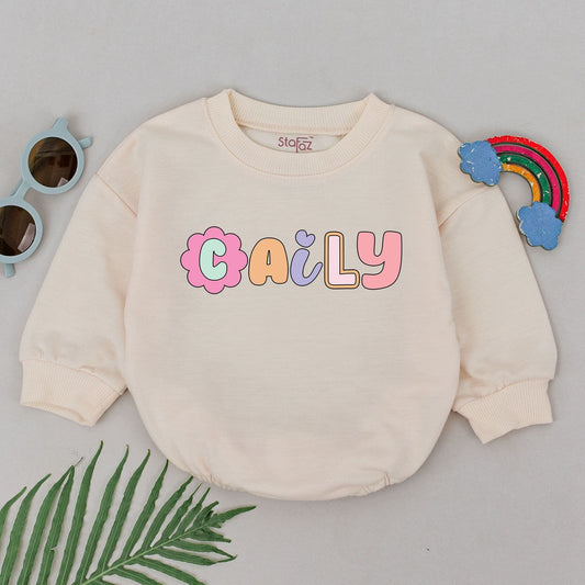 Personalized Retro Name Baby Romper, Custom Birthday Outfit with Pastel Letters & Flower Graphic, Spring Baby Girl Clothes, Whimsical Infant Gift (139 chars)