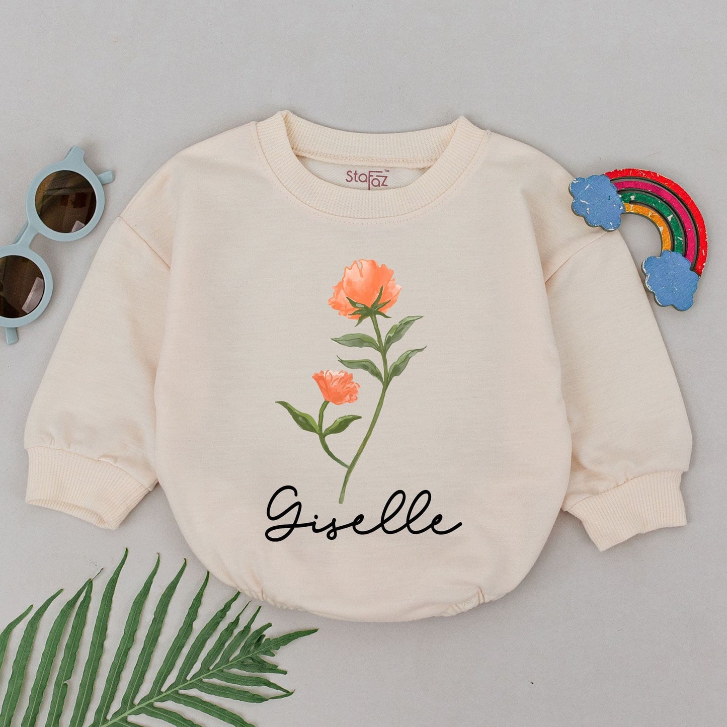 Personalized Birth Flower Romper for Baby Birthday Outfit Custom Newborn Girl Boy Natural Baby Clothes