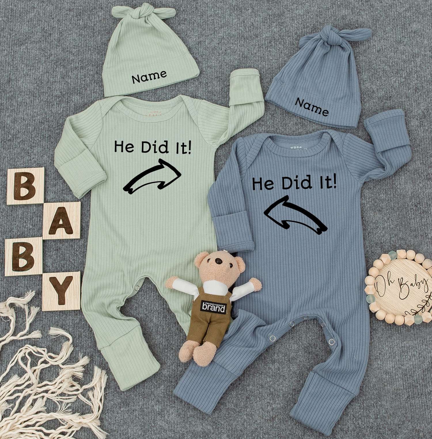 He Did It Twin Bodysuits with "Name" Hats Set of 2 Cute Newborn Announcement Outfit Gender Neutral Baby Clothes Matching Pregnancy Gift