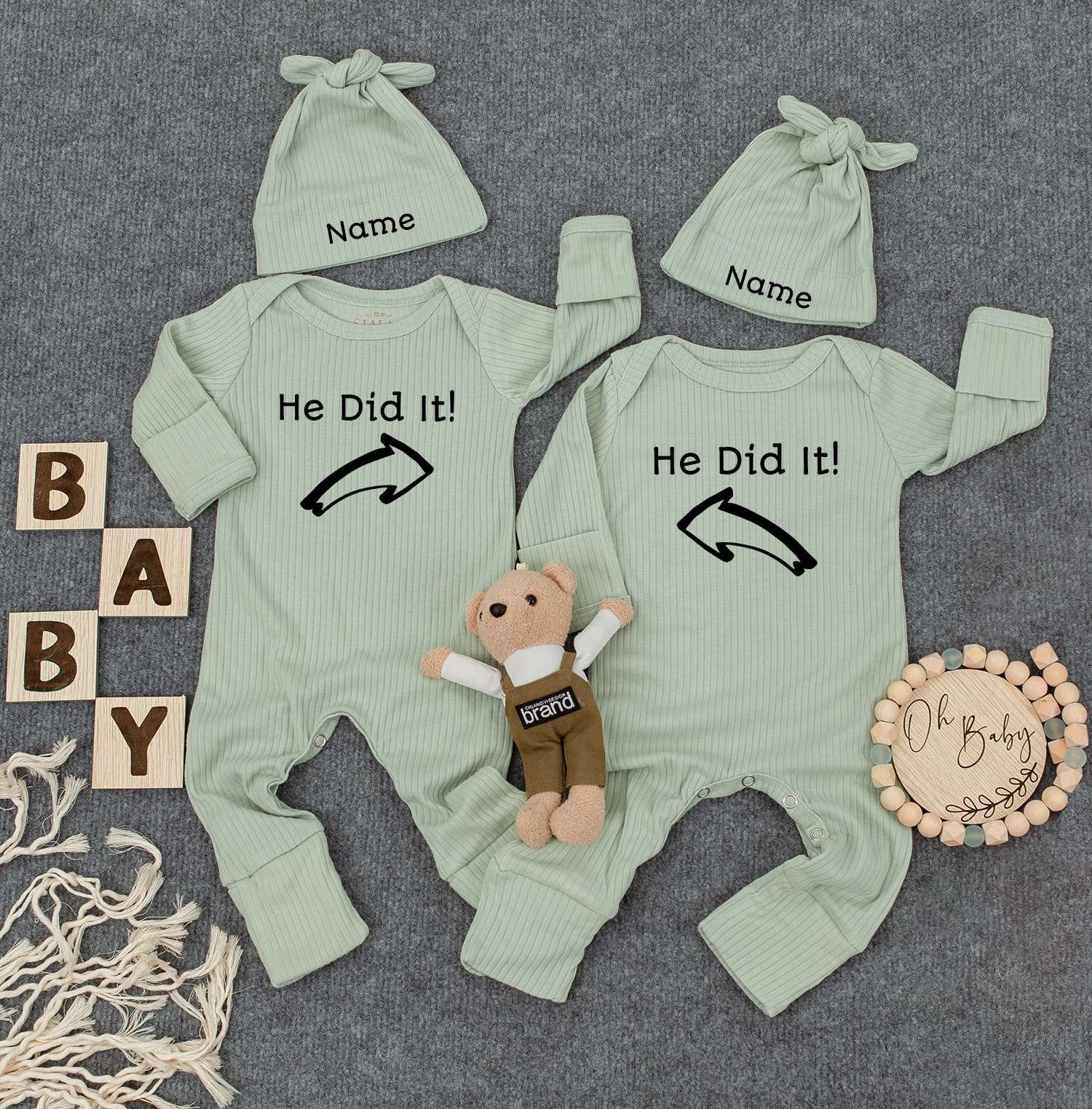 He Did It Twin Bodysuits with "Name" Hats Set of 2 Cute Newborn Announcement Outfit Gender Neutral Baby Clothes Matching Pregnancy Gift