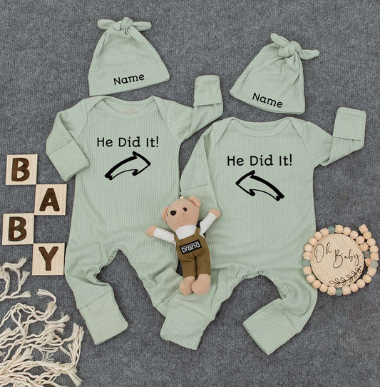 He Did It Twin Bodysuits with "Name" Hats Set of 2 Cute Newborn Announcement Outfit Gender Neutral Baby Clothes Matching Pregnancy Gift