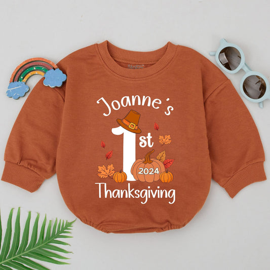 First Thanksgiving Baby Romper – Personalized Pumpkin Spice Outfit