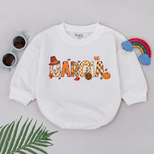 Personalized Garcia Thanksgiving Baby Romper, Pumpkin Patch 1st Birthday Outfit, Custom Fall Baby Clothes, Turkey & Leaves, Natural Spice Gift