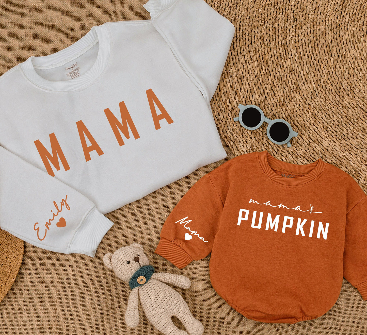 Mama & Mamas Pumpkin Matching Fall Sweatshirts Mommy and Me Outfits Emily Name Heart Baby Toddler