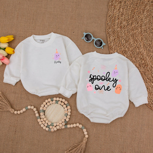 Custom Friendly Ghost & Spooky One Baby Romper Cute Halloween Ghost Bodysuit Halloween Birthday Baby Shower Fall Outfit