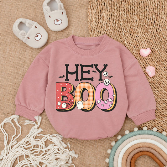 Hey Boo Retro Ghost Baby Bodysuit for Halloween Spooky Bats Skulls Spiderweb Design with Patterned Boo Text Polka Dots Plaid Stars Cute Infant Romper First Halloween Outfit